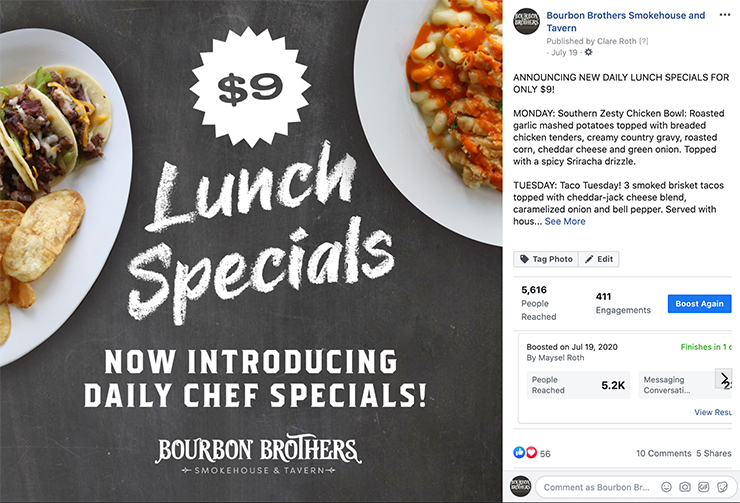 Bourbon Brothers Social Media Post for Lunch Specials