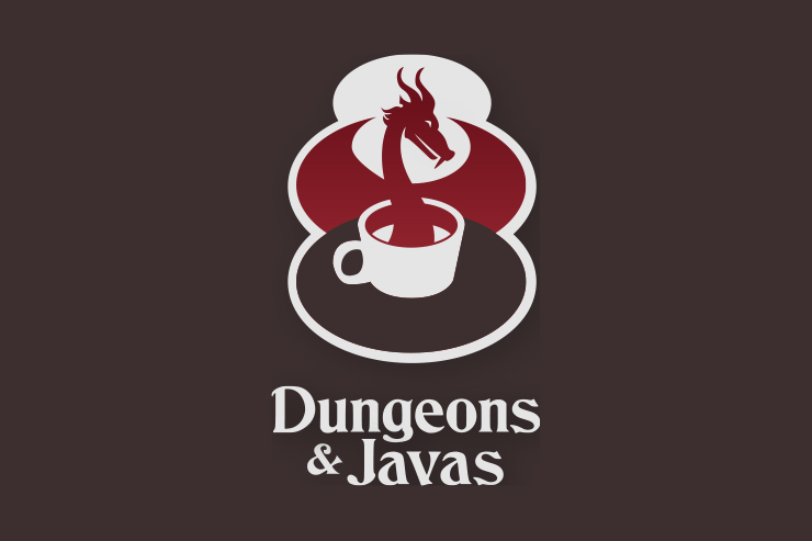 Dungeons & Javas Logo, A Red Smiling Dragon Emerging Like Steam from a Coffee Cup with a Brown Background