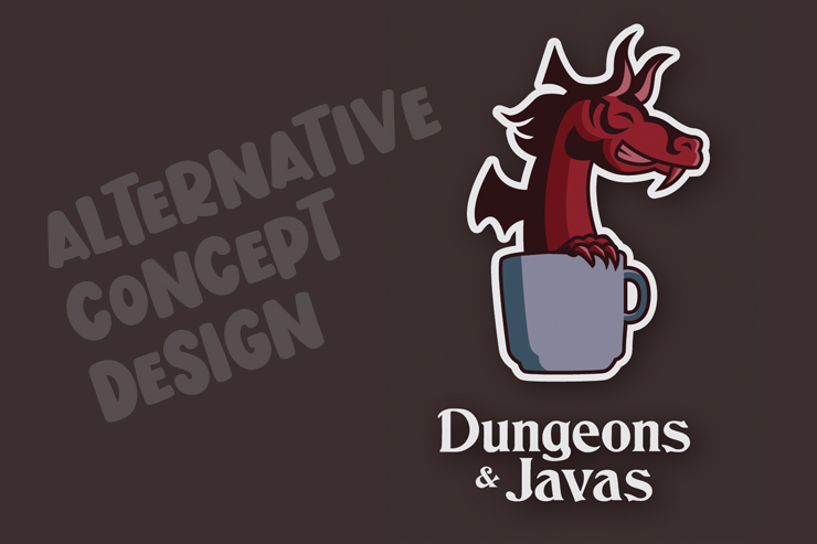 Alternative Logo Concept Design for Dungeons & Javas with a Friendly Dragon Emerging From a Coffee Cup